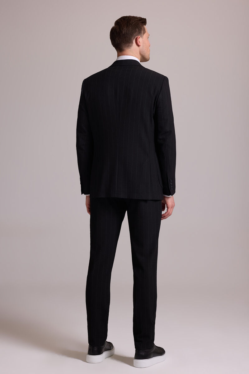 Erkek Siyah Slim Fit Çizgili Tek Düğmeli Jogger Pantolonlu Takım Elbise - 12