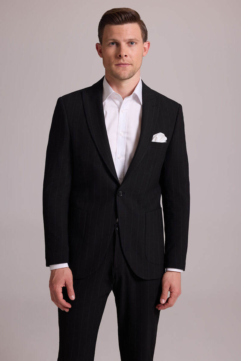 Erkek Siyah Slim Fit Çizgili Tek Düğmeli Jogger Pantolonlu Takım Elbise - 3