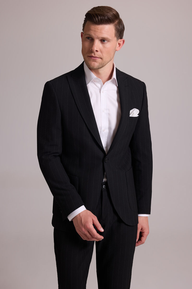 Erkek Siyah Slim Fit Çizgili Tek Düğmeli Jogger Pantolonlu Takım Elbise - 5