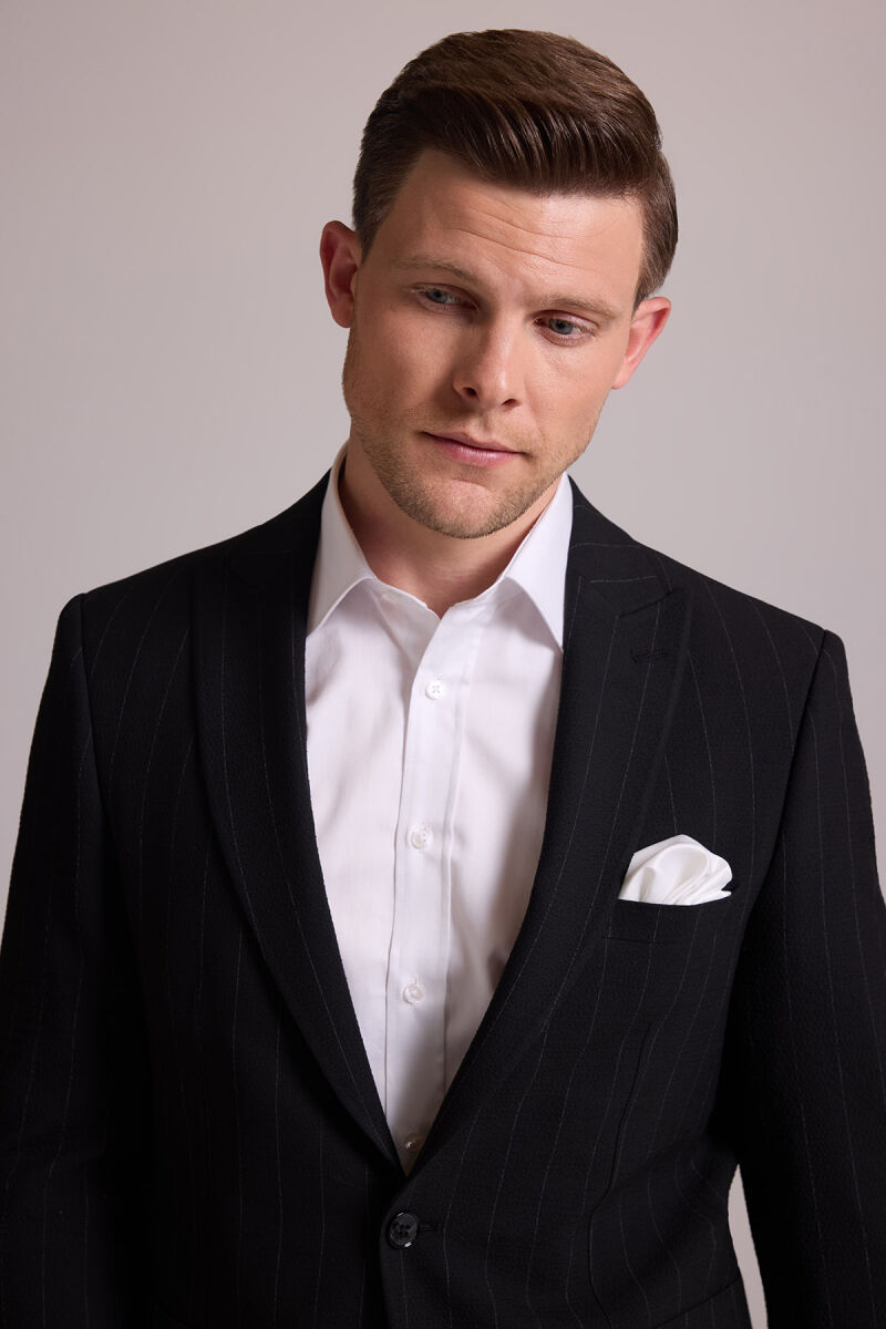 Erkek Siyah Slim Fit Çizgili Tek Düğmeli Jogger Pantolonlu Takım Elbise - 7