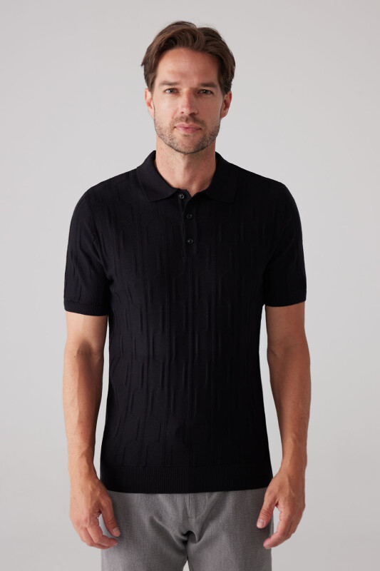 Erkek Siyah Slim Fit Dokulu Örme Polo Yaka Tişört