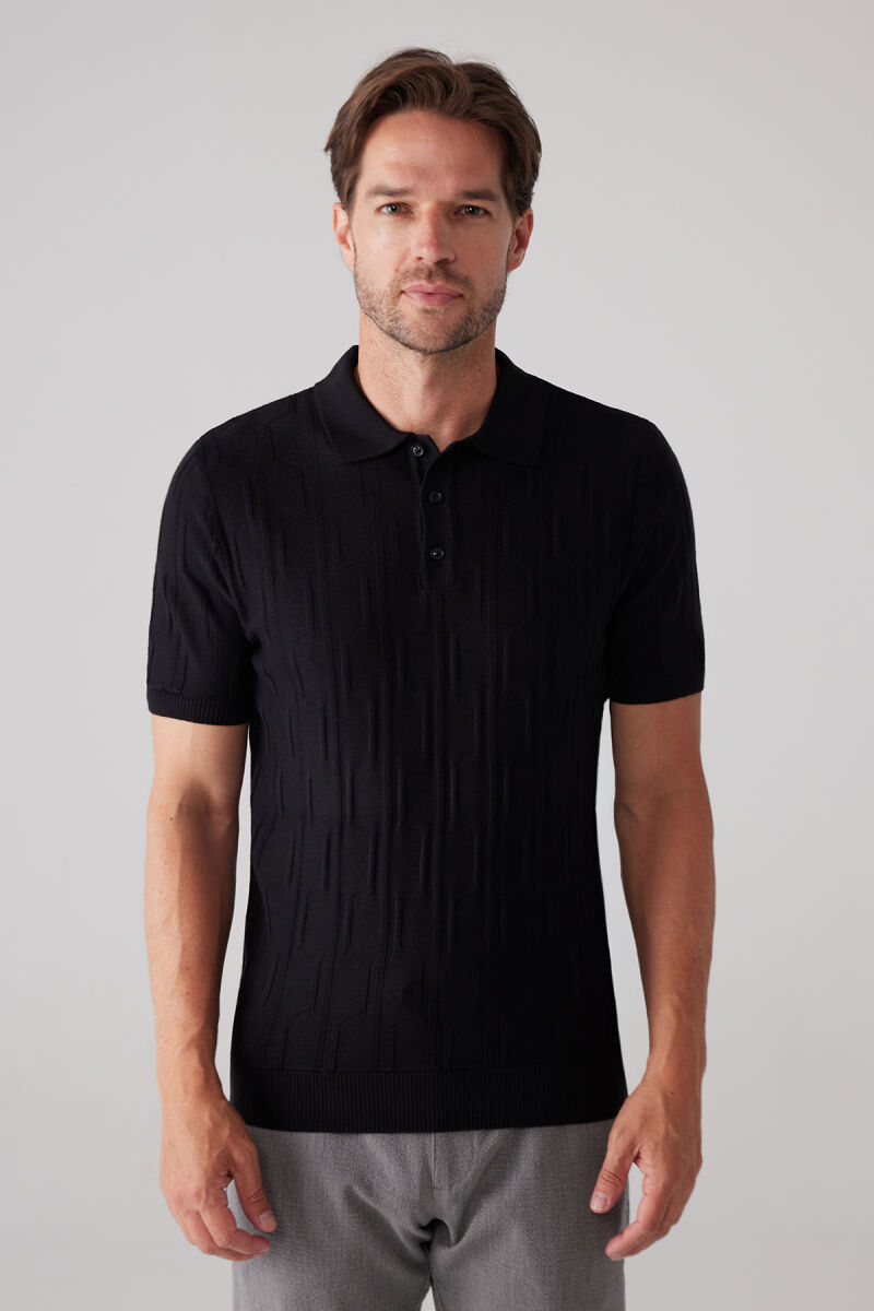 Erkek Siyah Slim Fit Dokulu Örme Polo Yaka Tişört - 1