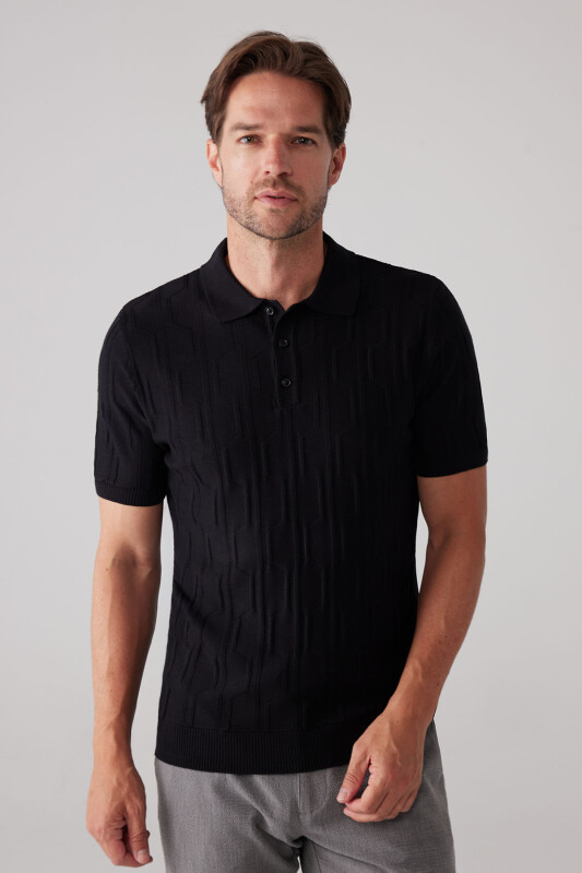 Erkek Siyah Slim Fit Dokulu Örme Polo Yaka Tişört