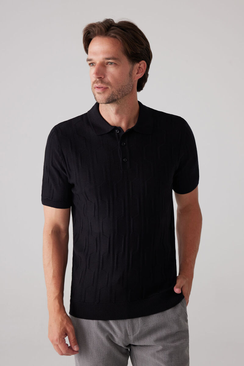 Erkek Siyah Slim Fit Dokulu Örme Polo Yaka Tişört - 3