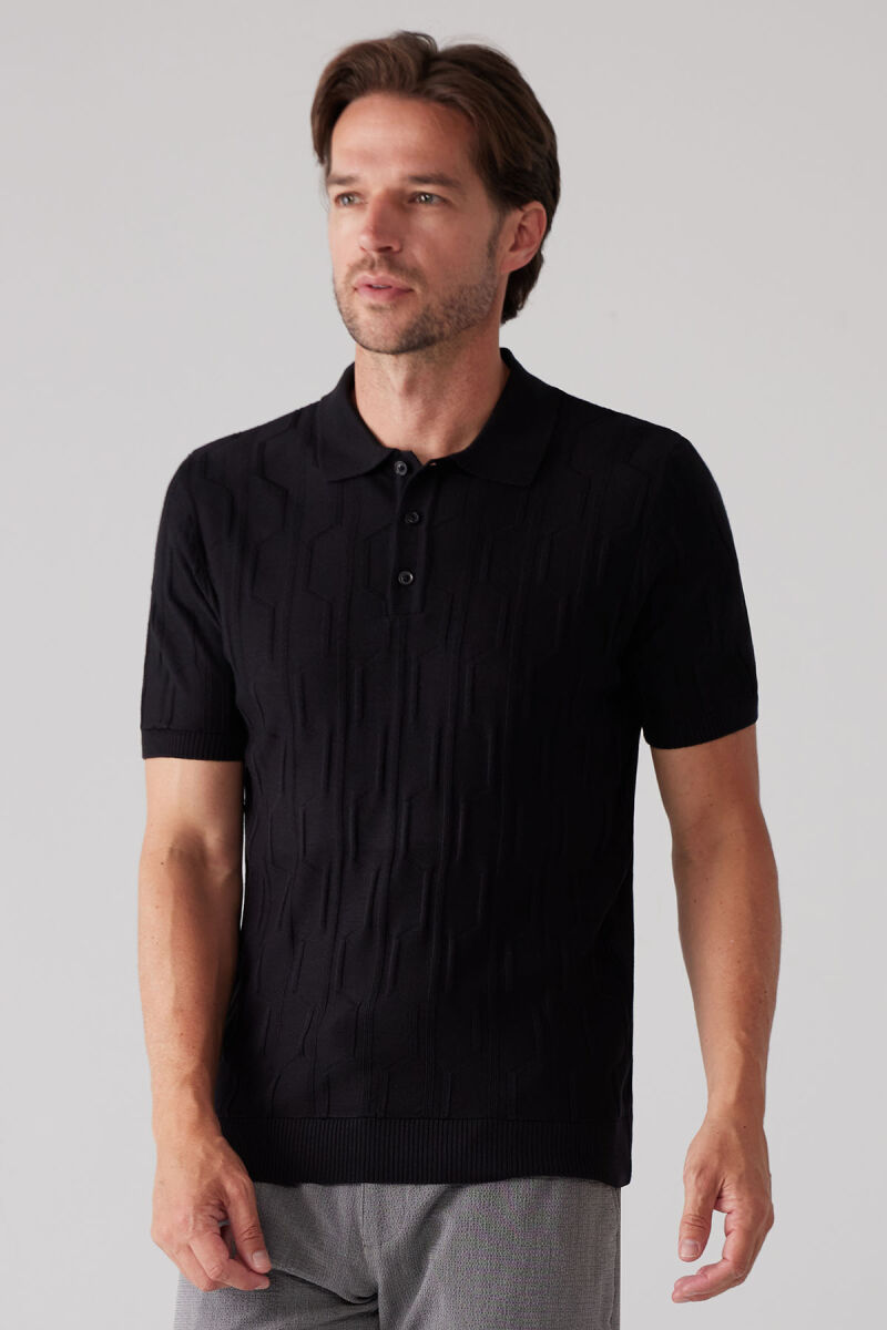 Erkek Siyah Slim Fit Dokulu Örme Polo Yaka Tişört - 4