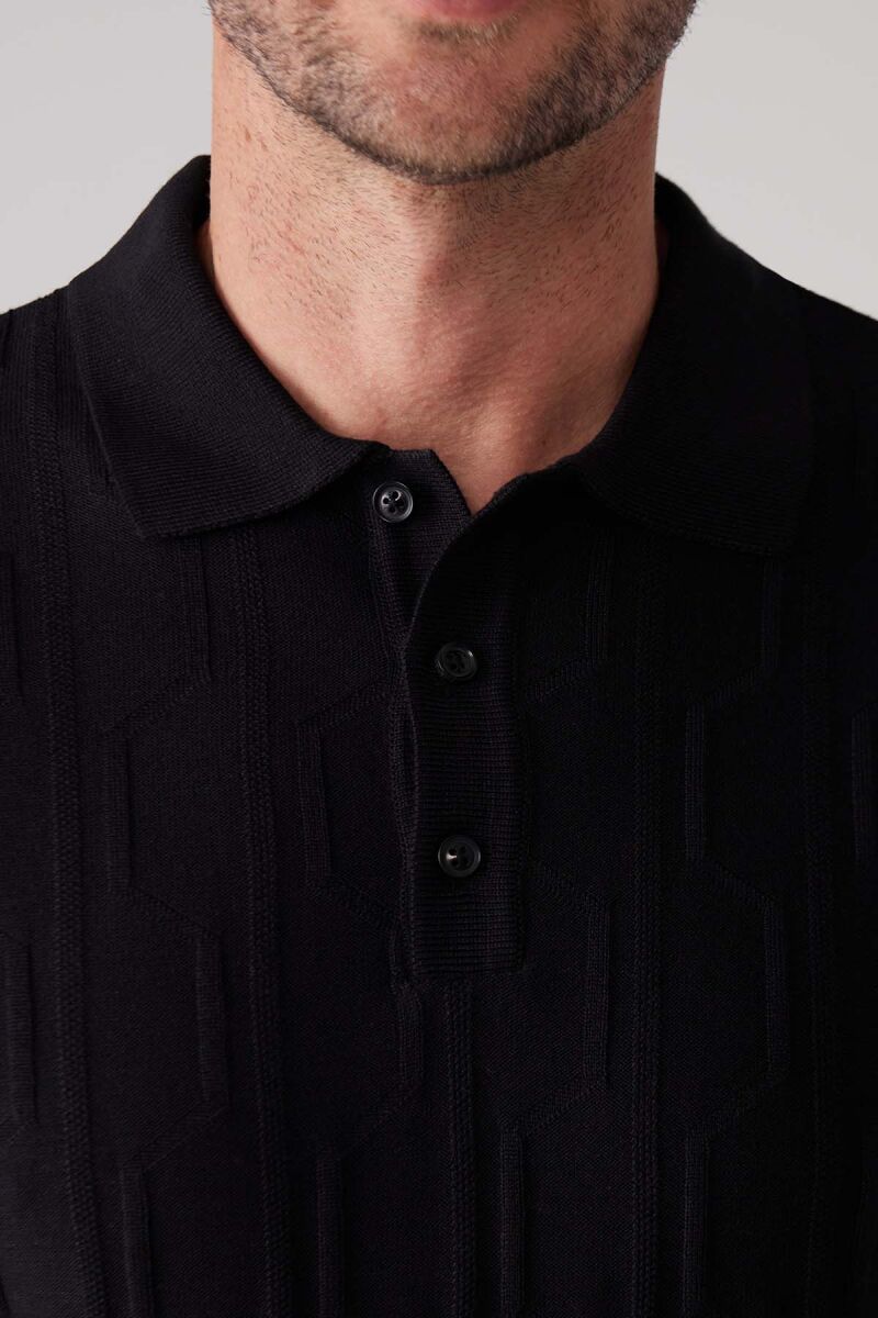 Erkek Siyah Slim Fit Dokulu Örme Polo Yaka Tişört - 5
