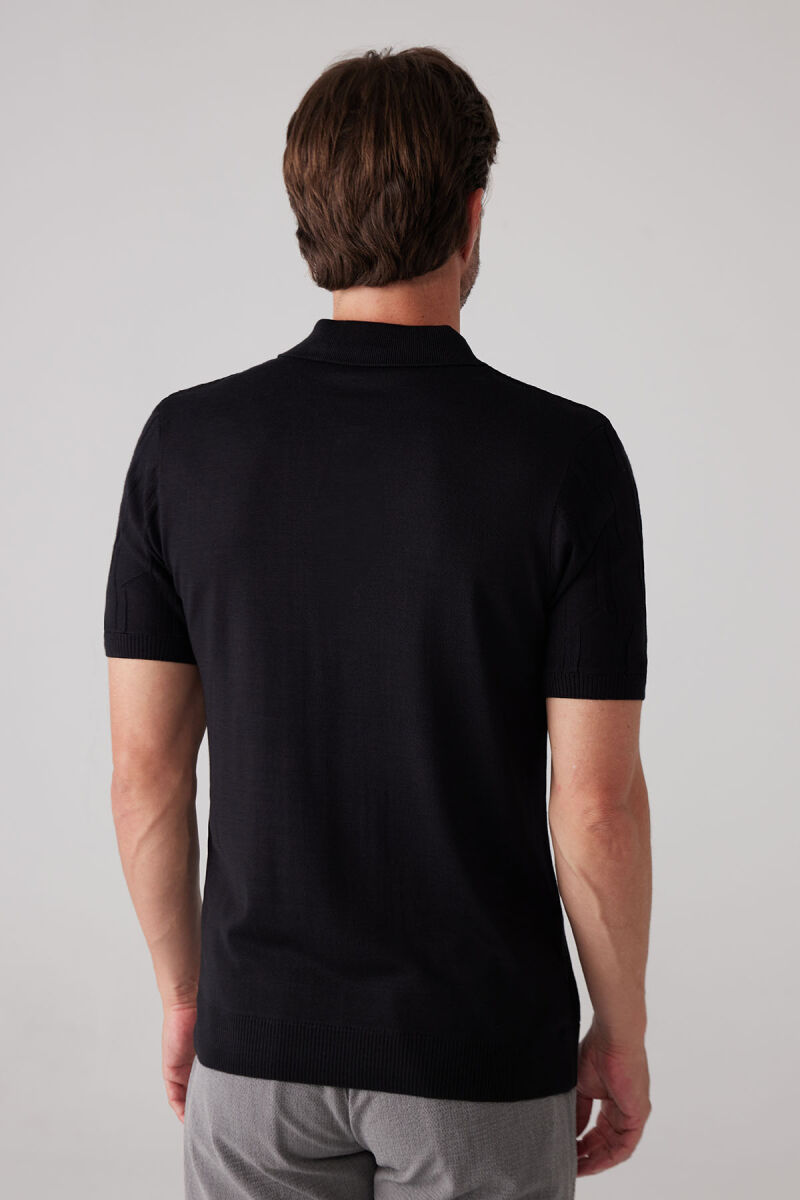 Erkek Siyah Slim Fit Dokulu Örme Polo Yaka Tişört - 6