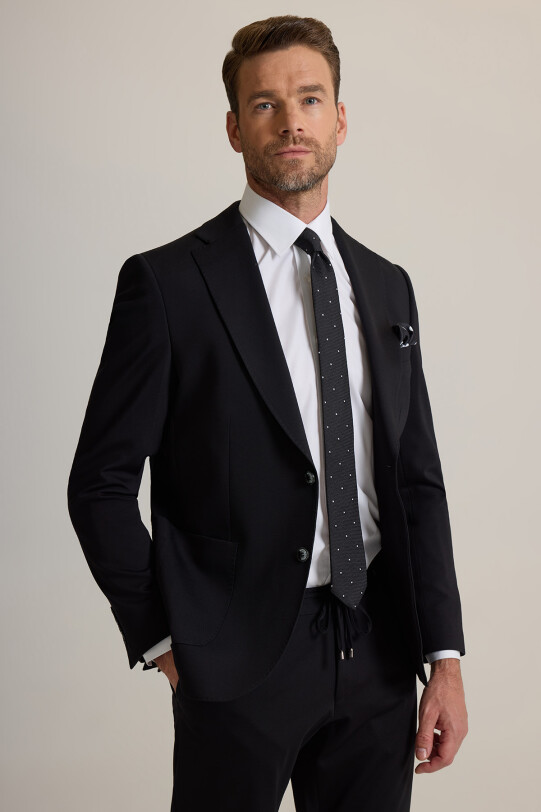 Erkek Siyah Slim Fit Geniş Mono Yaka Jogger Pantolonlu Takım Elbise