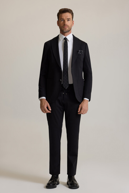 Erkek Siyah Slim Fit Geniş Mono Yaka Jogger Pantolonlu Takım Elbise