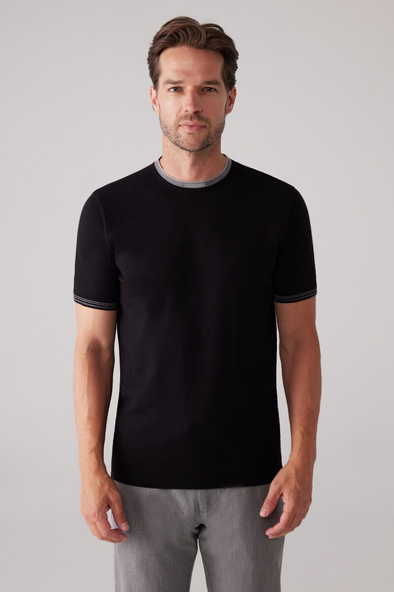 Erkek Siyah Slim Fit Kaşmir Karışımlı Bisiklet Yaka Tişört - 1