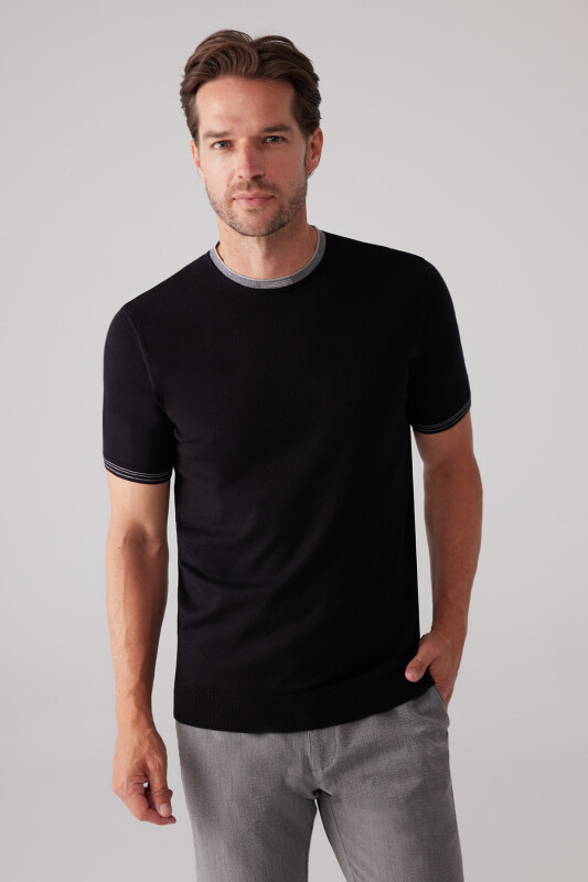 Erkek Siyah Slim Fit Kaşmir Karışımlı Bisiklet Yaka Tişört