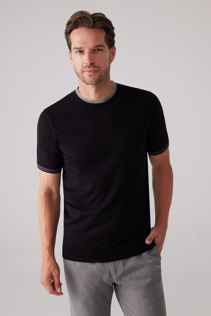 Erkek Siyah Slim Fit Kaşmir Karışımlı Bisiklet Yaka Tişört - 2