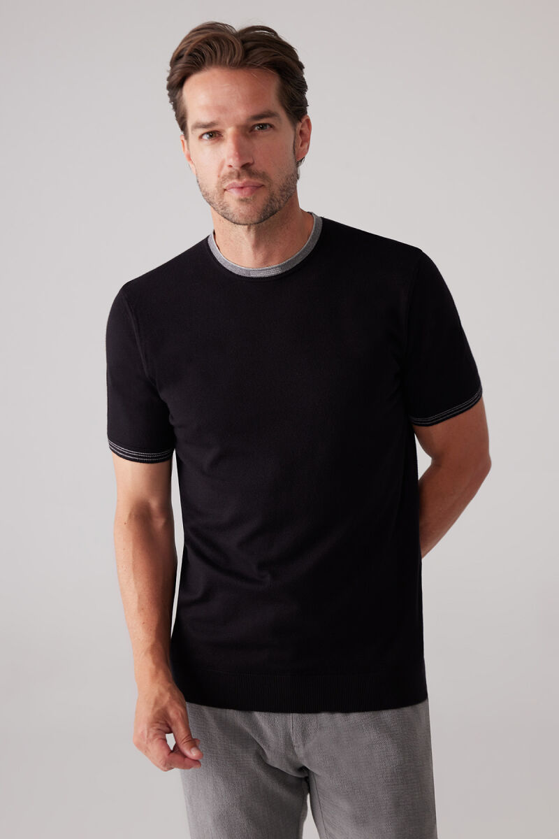 Erkek Siyah Slim Fit Kaşmir Karışımlı Bisiklet Yaka Tişört - 5