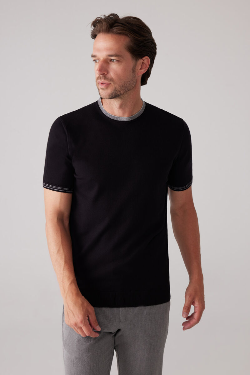 Erkek Siyah Slim Fit Kaşmir Karışımlı Bisiklet Yaka Tişört - 6