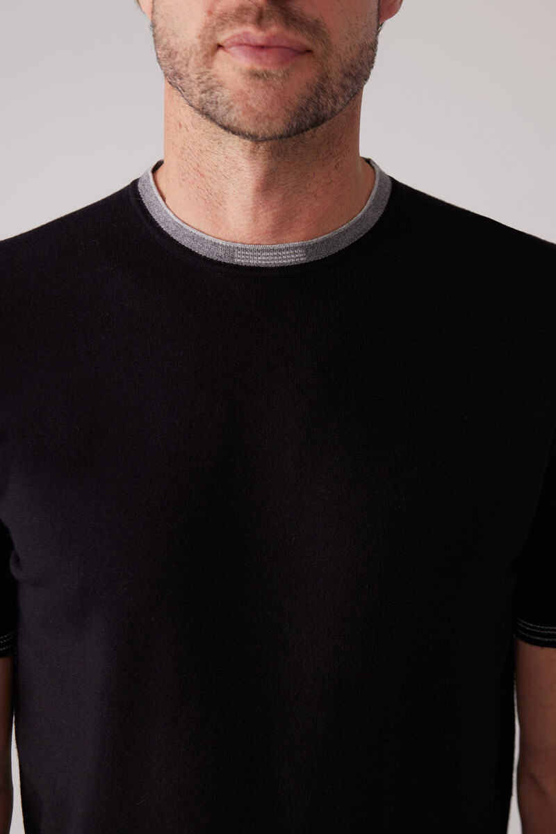 Erkek Siyah Slim Fit Kaşmir Karışımlı Bisiklet Yaka Tişört - 7