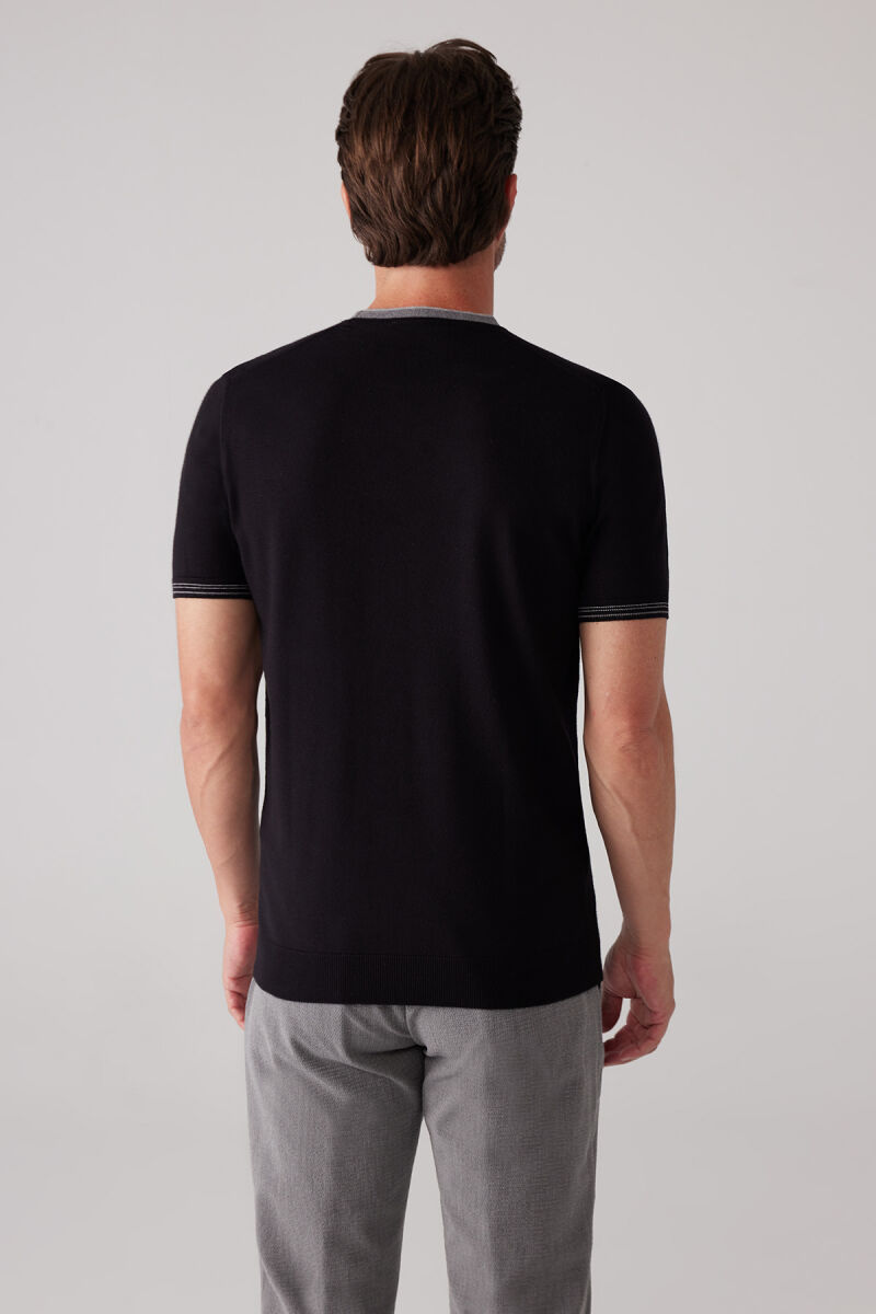 Erkek Siyah Slim Fit Kaşmir Karışımlı Bisiklet Yaka Tişört - 8