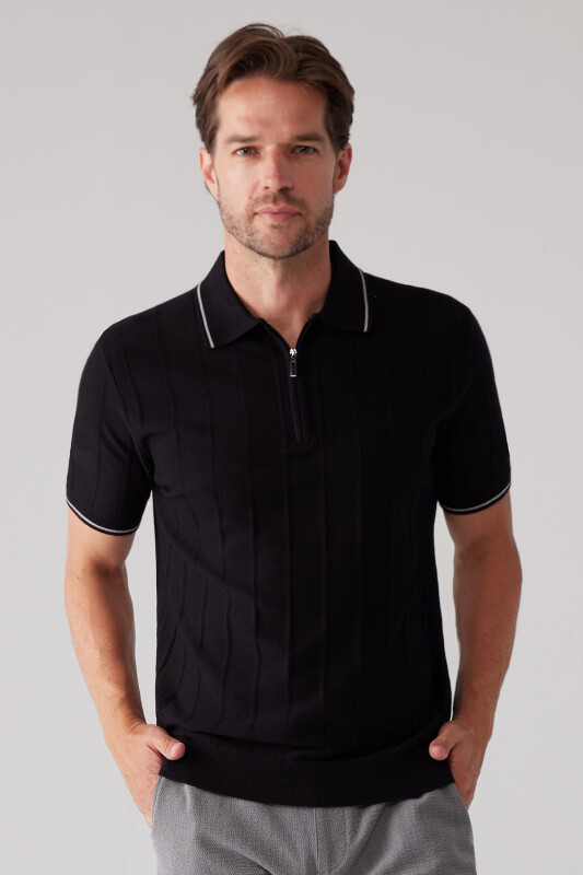 Erkek Siyah Slim Fit Kaşmir Karışımlı Fermuarlı Polo Yaka Tişört