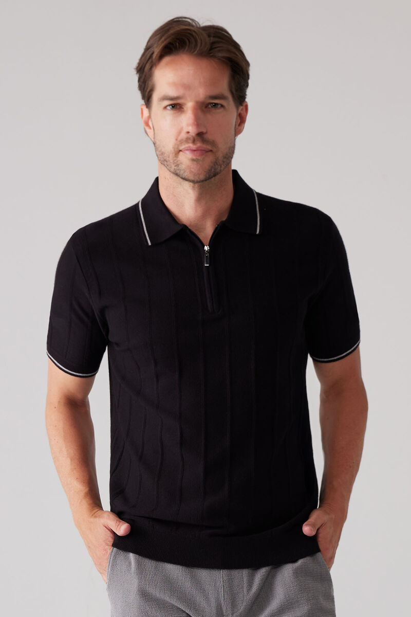 Erkek Siyah Slim Fit Kaşmir Karışımlı Fermuarlı Polo Yaka Tişört - 1