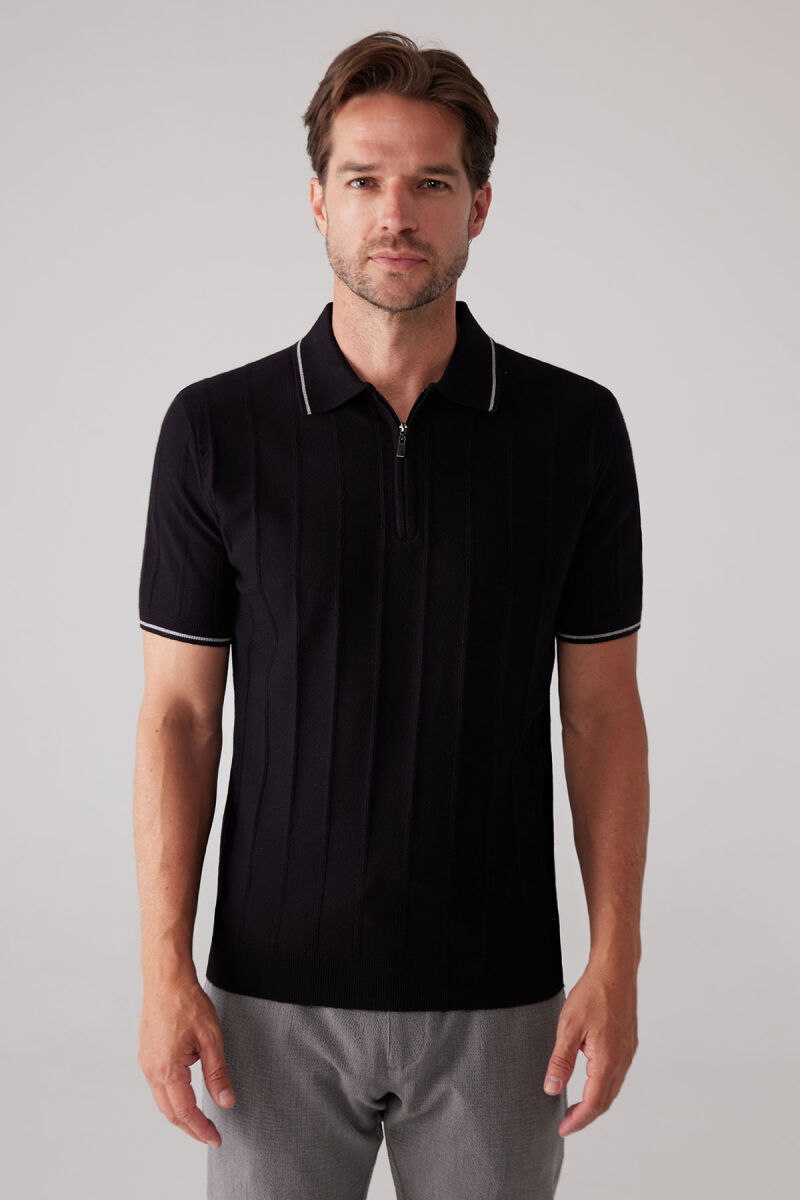 Erkek Siyah Slim Fit Kaşmir Karışımlı Fermuarlı Polo Yaka Tişört - 2