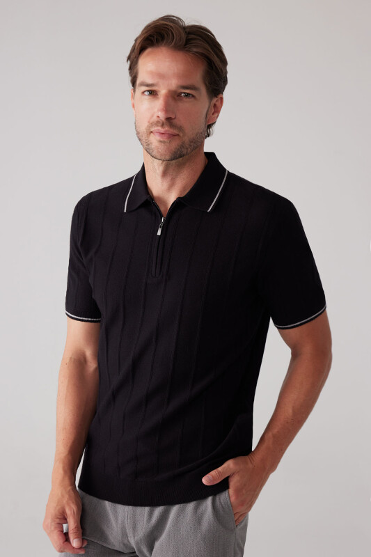 Erkek Siyah Slim Fit Kaşmir Karışımlı Fermuarlı Polo Yaka Tişört
