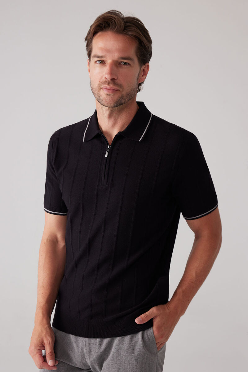 Erkek Siyah Slim Fit Kaşmir Karışımlı Fermuarlı Polo Yaka Tişört - 3