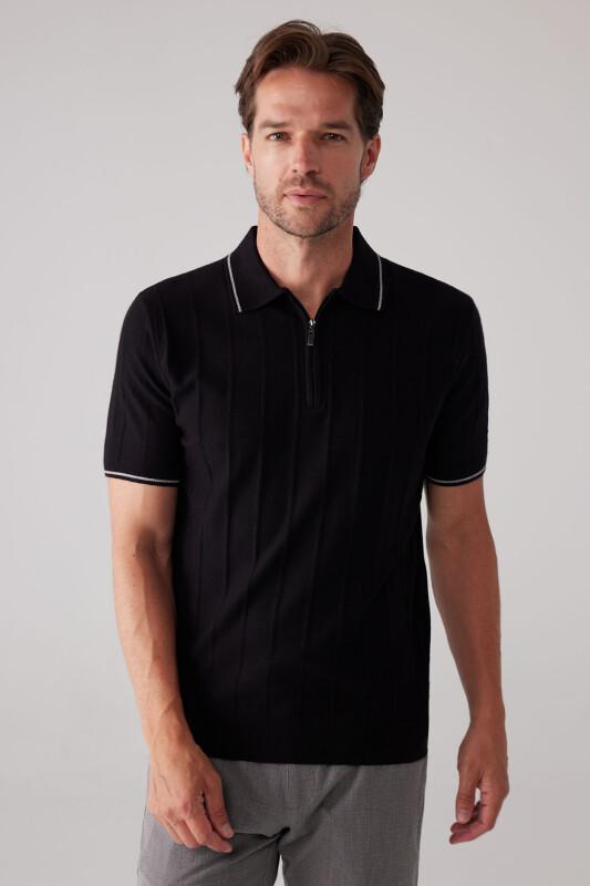 Erkek Siyah Slim Fit Kaşmir Karışımlı Fermuarlı Polo Yaka Tişört