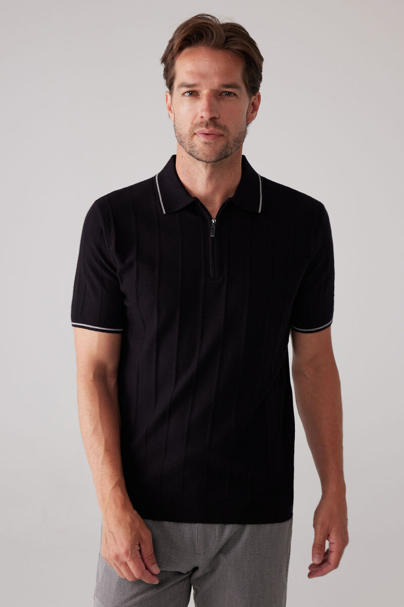 Erkek Siyah Slim Fit Kaşmir Karışımlı Fermuarlı Polo Yaka Tişört - 4