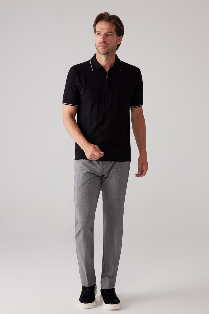Erkek Siyah Slim Fit Kaşmir Karışımlı Fermuarlı Polo Yaka Tişört - 5