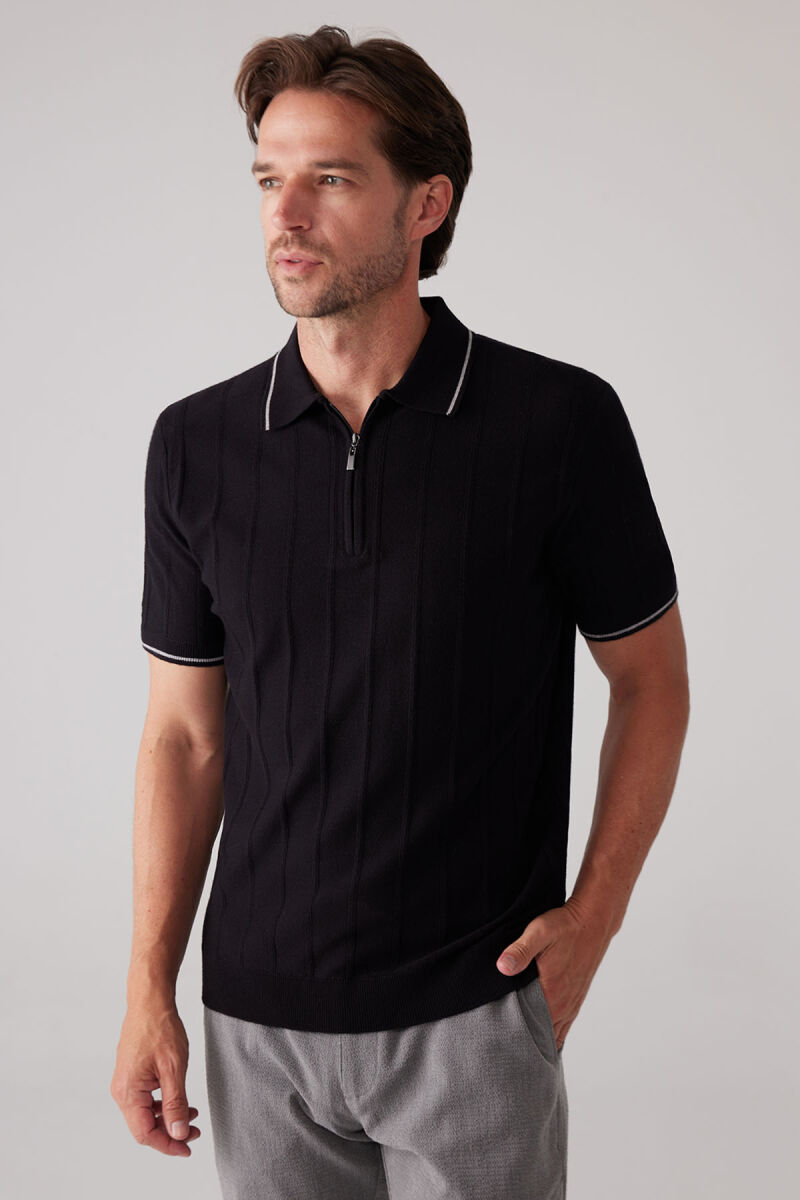Erkek Siyah Slim Fit Kaşmir Karışımlı Fermuarlı Polo Yaka Tişört - 6