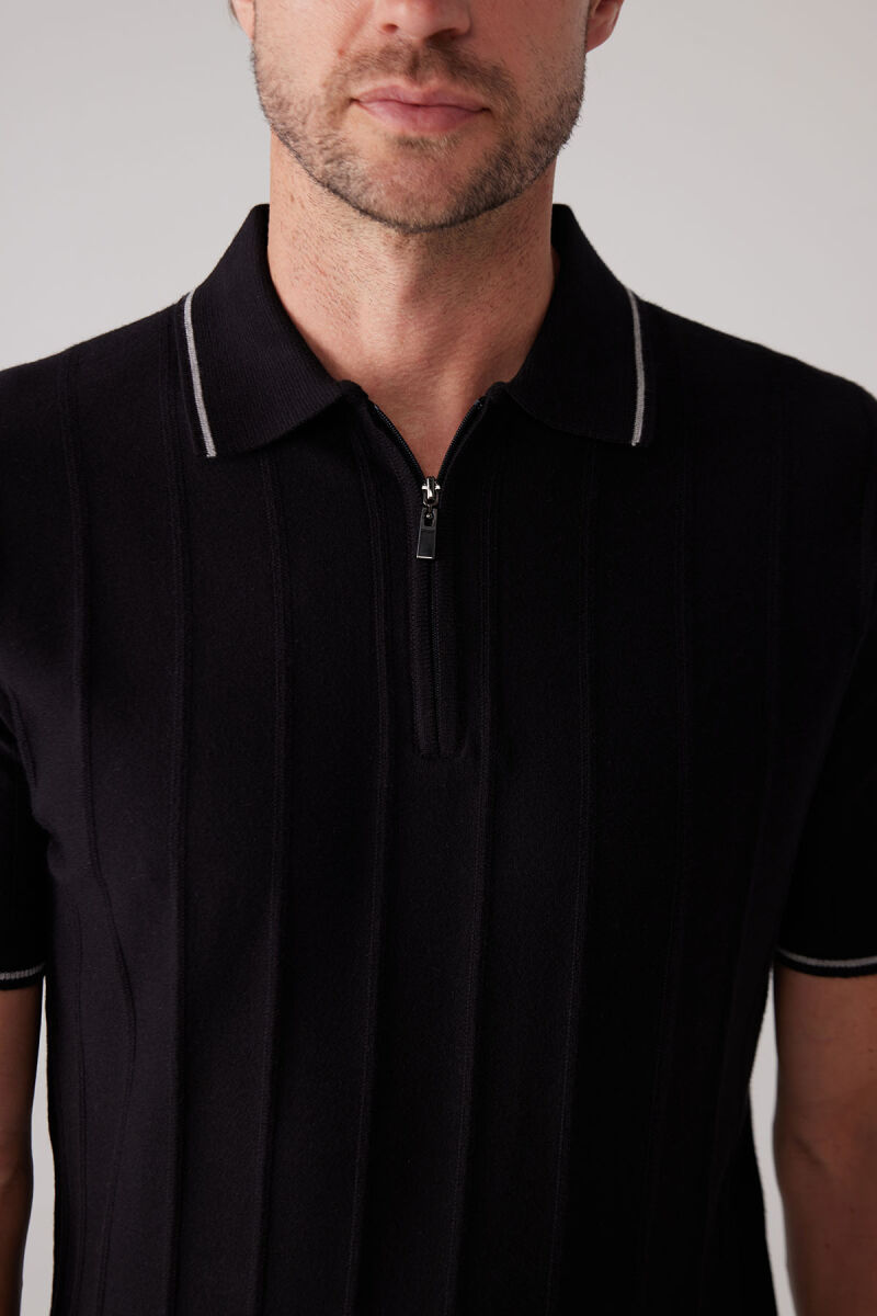 Erkek Siyah Slim Fit Kaşmir Karışımlı Fermuarlı Polo Yaka Tişört - 7