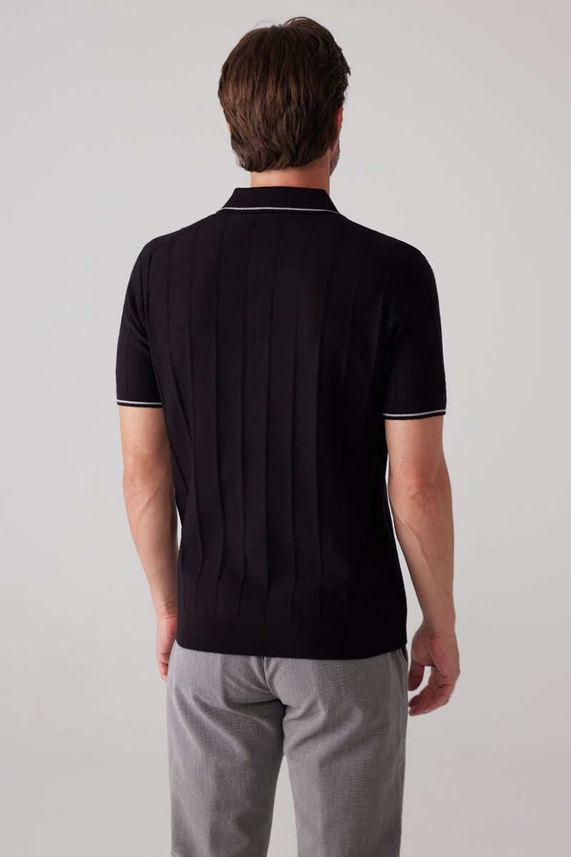 Erkek Siyah Slim Fit Kaşmir Karışımlı Fermuarlı Polo Yaka Tişört - 8