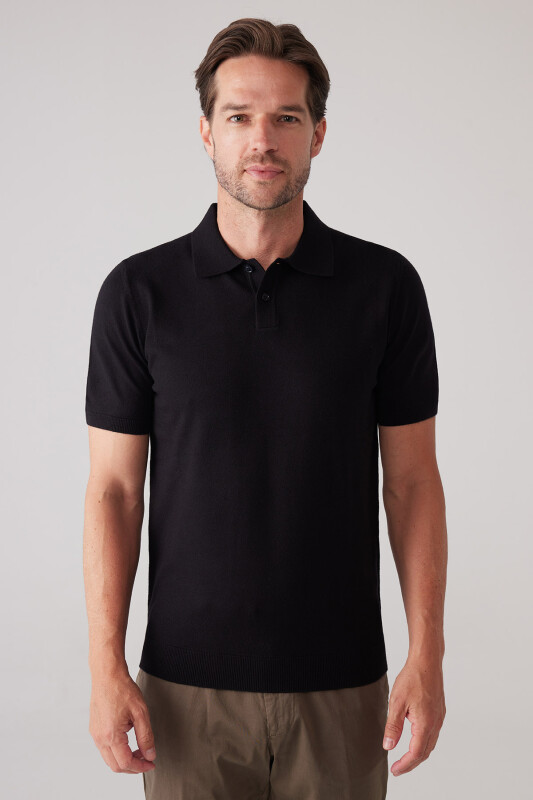 Erkek Siyah Slim Fit Kaşmir Karışımlı Polo Yaka Tişört