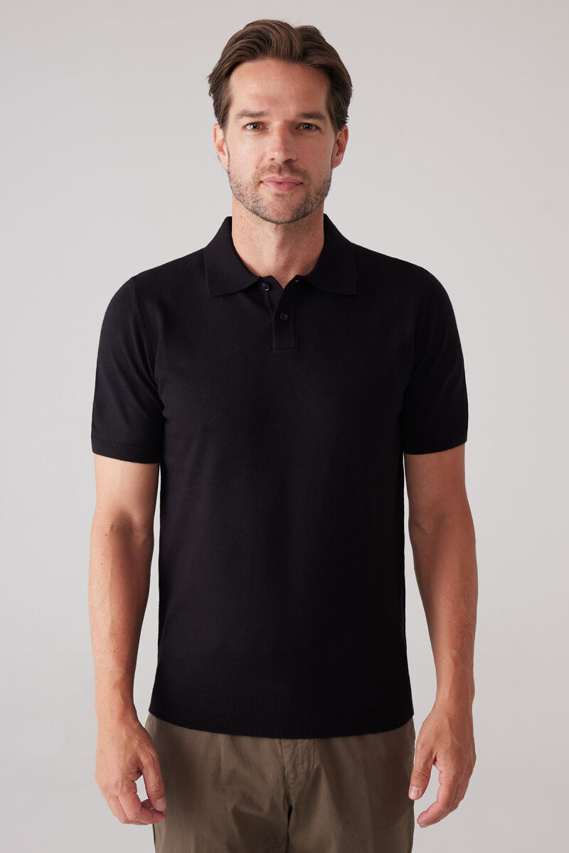 Erkek Siyah Slim Fit Kaşmir Karışımlı Polo Yaka Tişört - 1