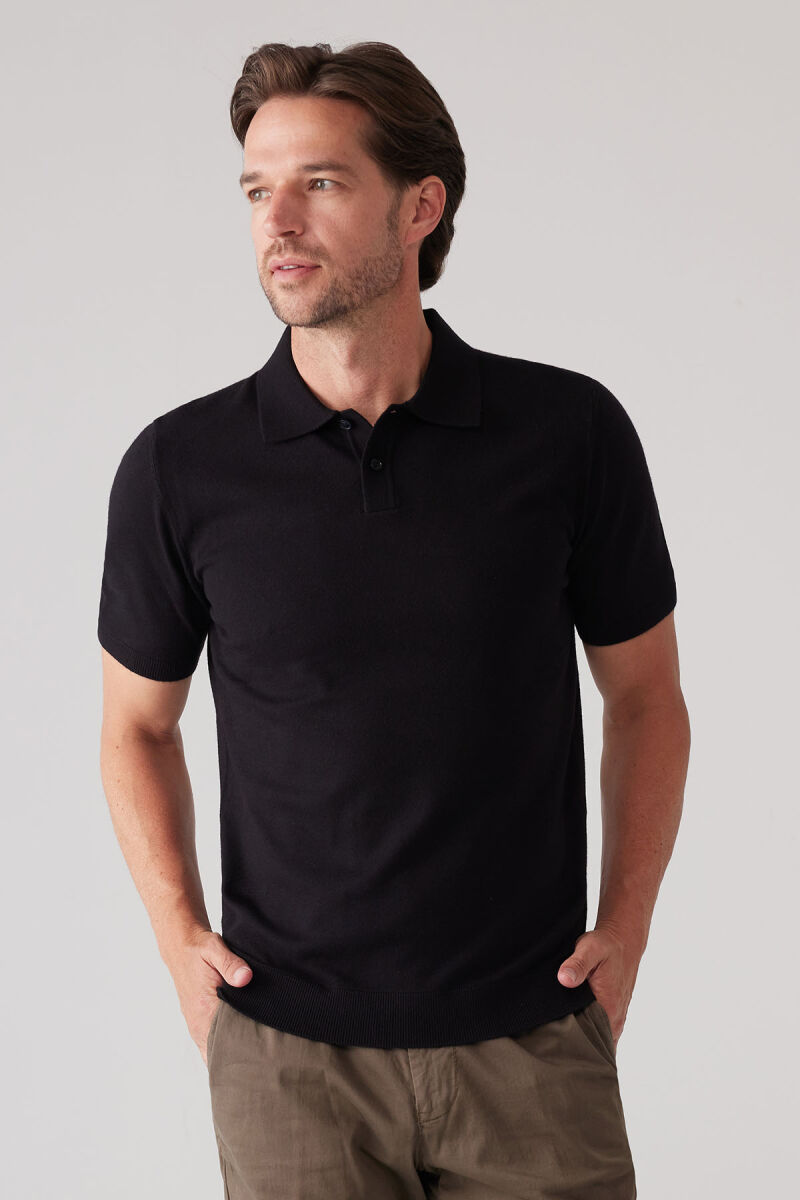 Erkek Siyah Slim Fit Kaşmir Karışımlı Polo Yaka Tişört - 3