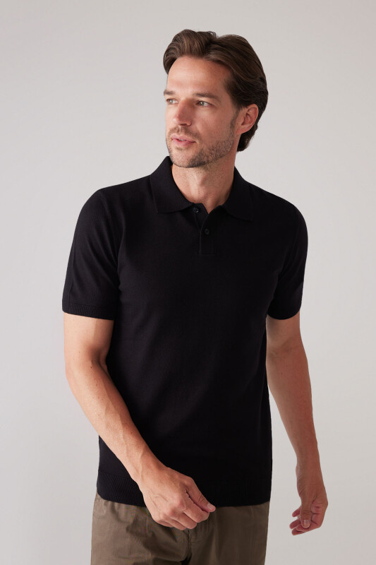 Erkek Siyah Slim Fit Kaşmir Karışımlı Polo Yaka Tişört