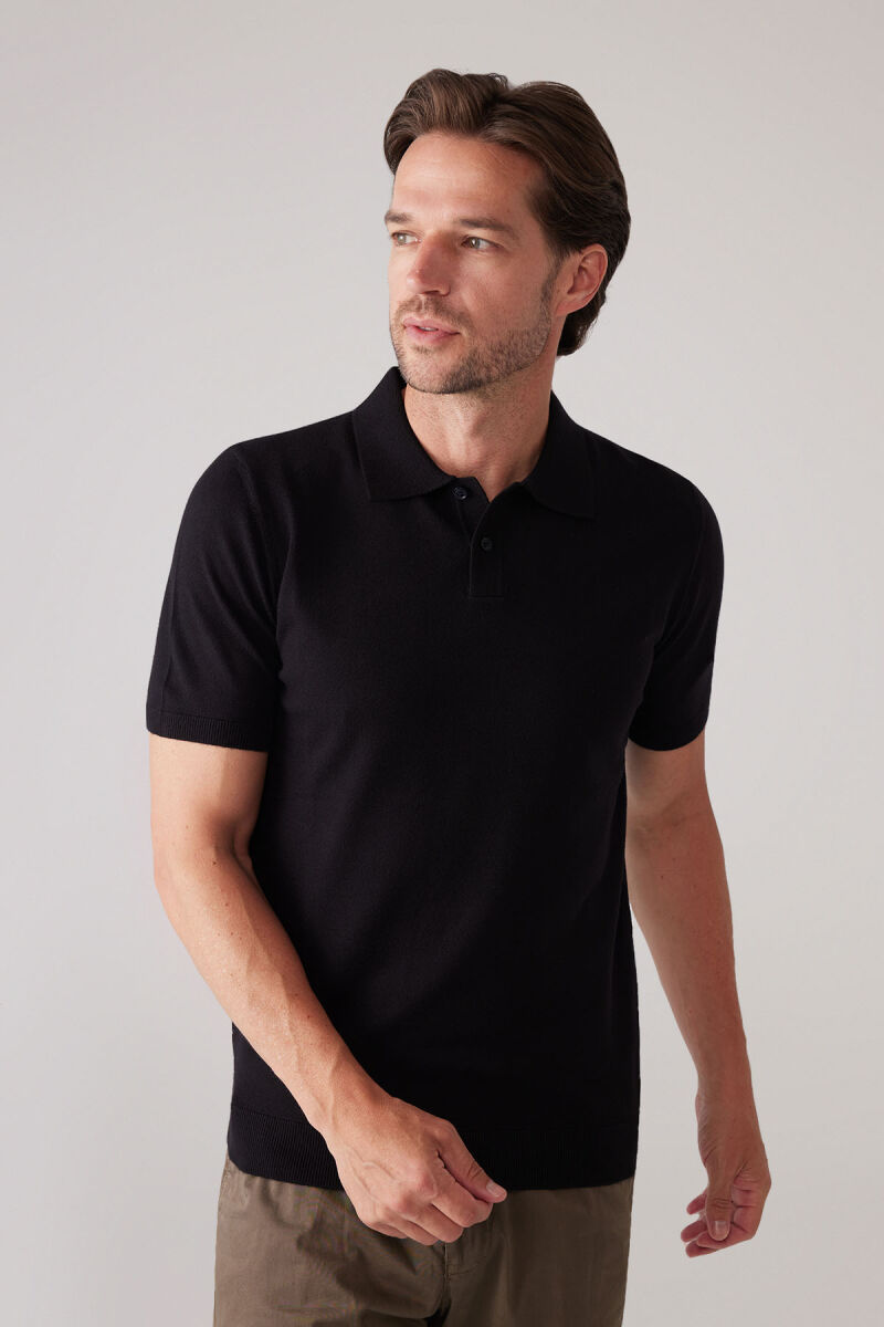 Erkek Siyah Slim Fit Kaşmir Karışımlı Polo Yaka Tişört - 4