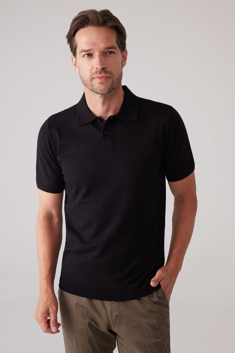 Erkek Siyah Slim Fit Kaşmir Karışımlı Polo Yaka Tişört - 5