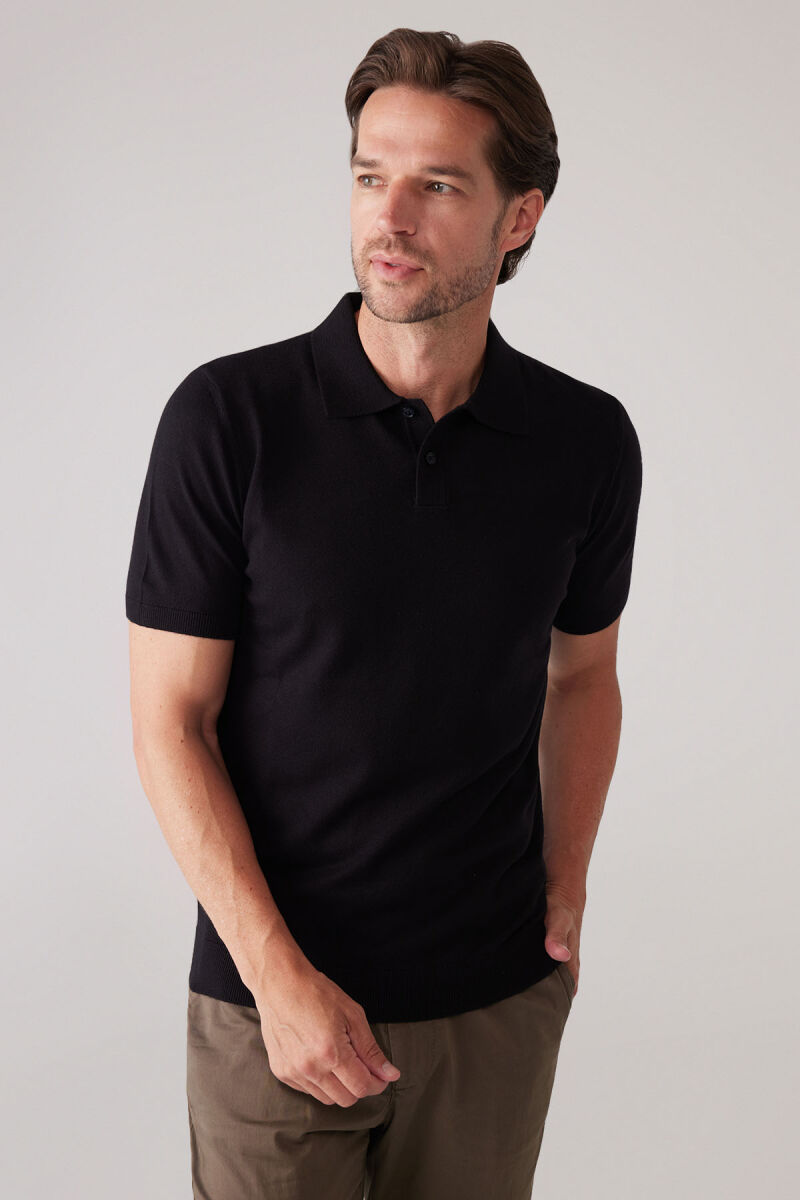 Erkek Siyah Slim Fit Kaşmir Karışımlı Polo Yaka Tişört - 6