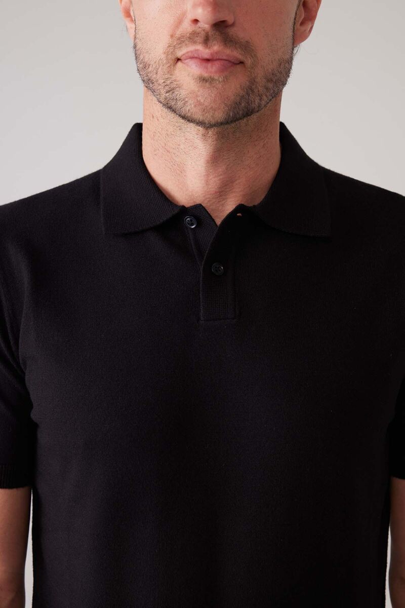 Erkek Siyah Slim Fit Kaşmir Karışımlı Polo Yaka Tişört - 7