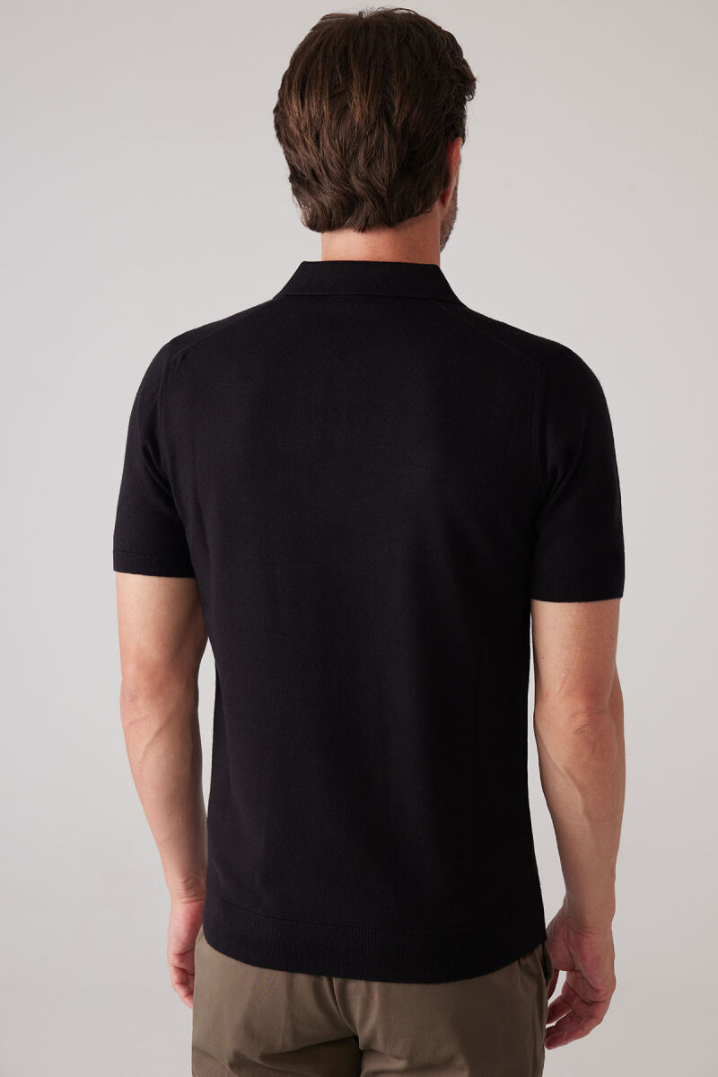 Erkek Siyah Slim Fit Kaşmir Karışımlı Polo Yaka Tişört - 8