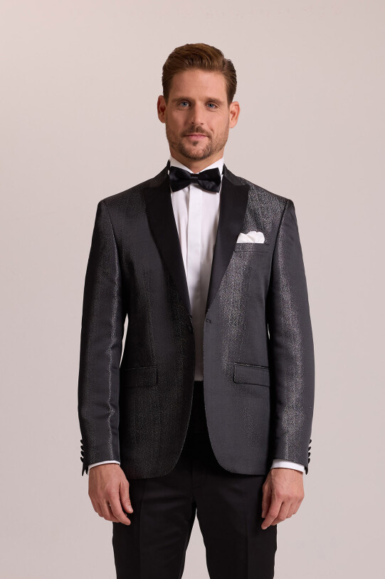 Erkek Siyah Slim Fit Kırlangıç Yaka Desenli Damatlık