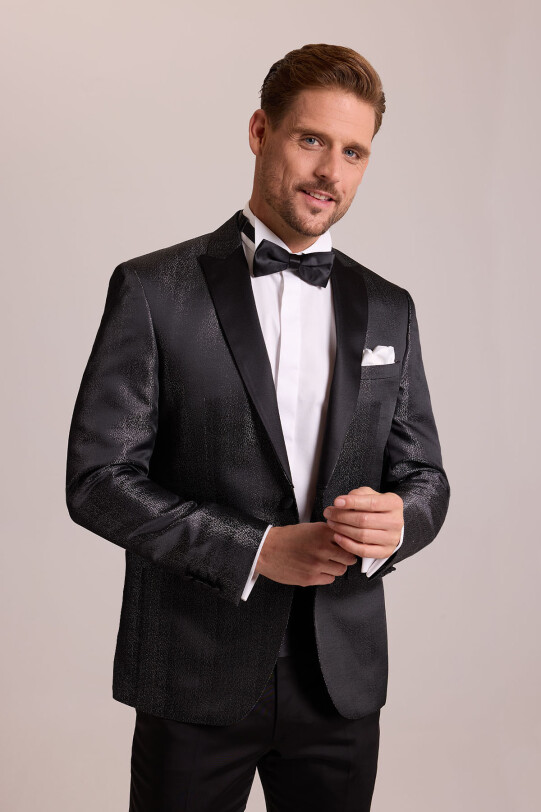 Erkek Siyah Slim Fit Kırlangıç Yaka Desenli Damatlık