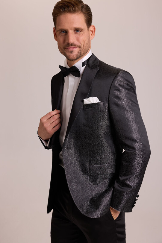 Erkek Siyah Slim Fit Kırlangıç Yaka Desenli Damatlık