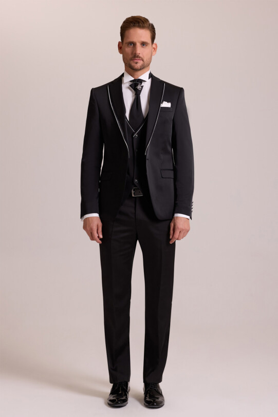 Erkek Siyah Slim Fit Kırlangıç Yaka Yelekli Damatlık