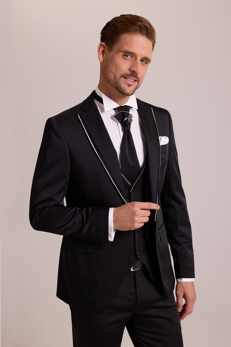 Erkek Siyah Slim Fit Kırlangıç Yaka Yelekli Damatlık - 3