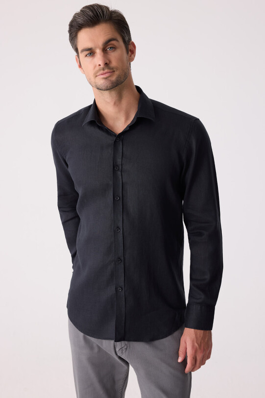 Erkek Siyah Slim Fit Klasik Yaka Keten Gömlek