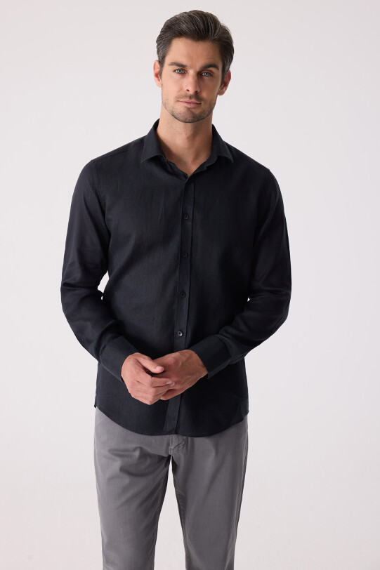 Erkek Siyah Slim Fit Klasik Yaka Keten Gömlek