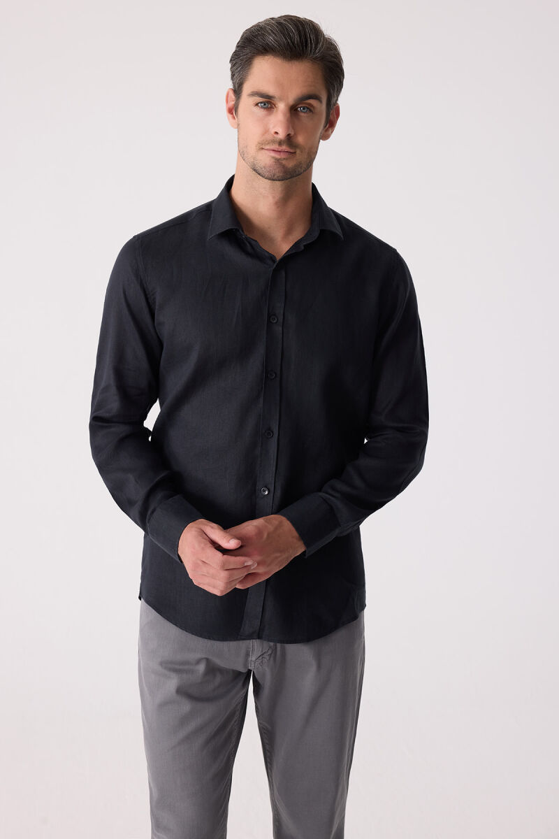 Erkek Siyah Slim Fit Klasik Yaka Keten Gömlek - 2