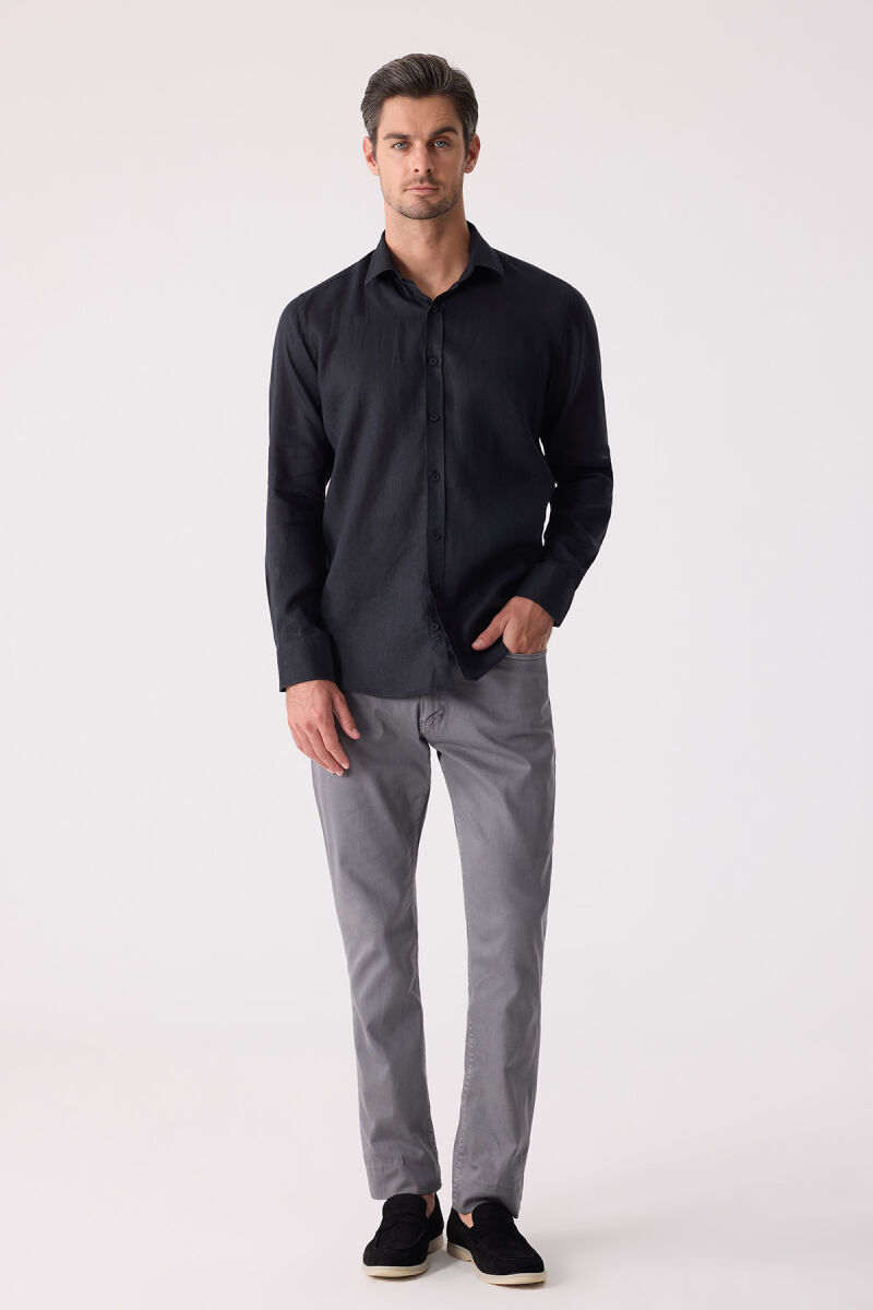 Erkek Siyah Slim Fit Klasik Yaka Keten Gömlek - 3