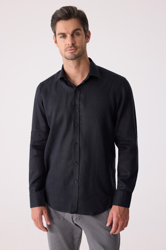 Erkek Siyah Slim Fit Klasik Yaka Keten Gömlek